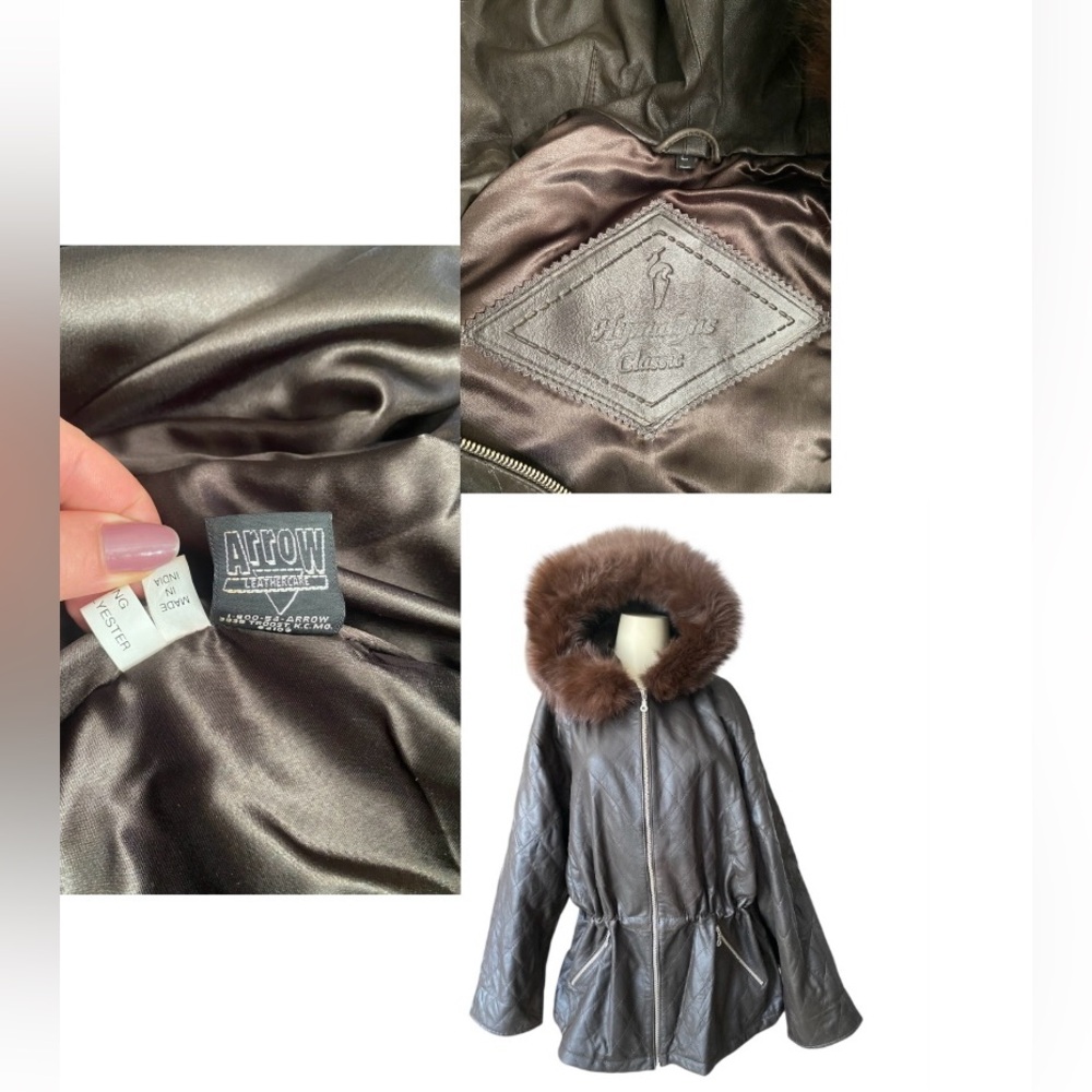 Vtg Hymalyns Classic Fur Trim quilted Soft Arrow Leather Jacket Womens L Brown